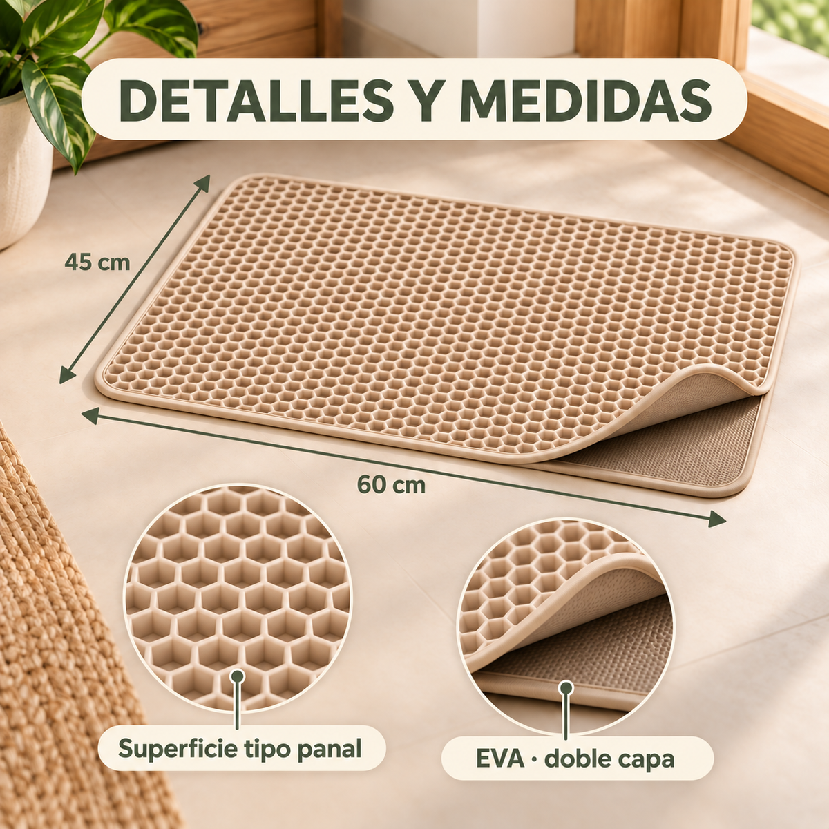 Características y medidas de la alfombrilla: 45 por 60 centímetros