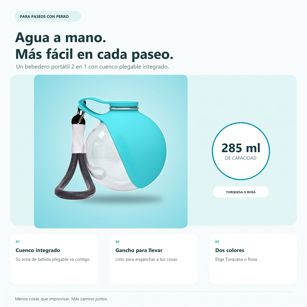 Infografía del bebedero con esfera transparente y cuenco plegable de color