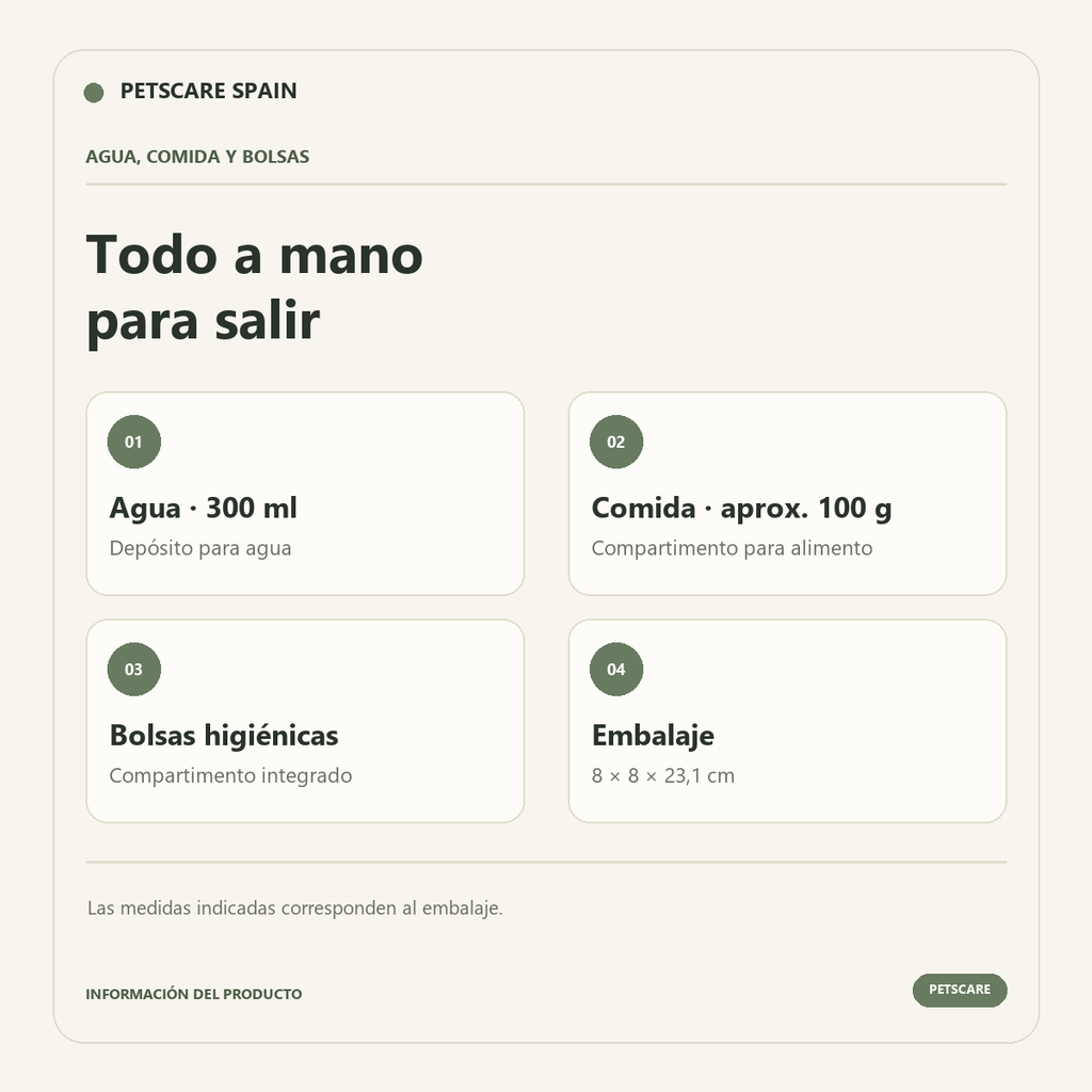 Botella 3 en 1: 300 ml para agua, aproximadamente 100 g de alimento, compartimento para bolsas y dimensiones del embalaje.