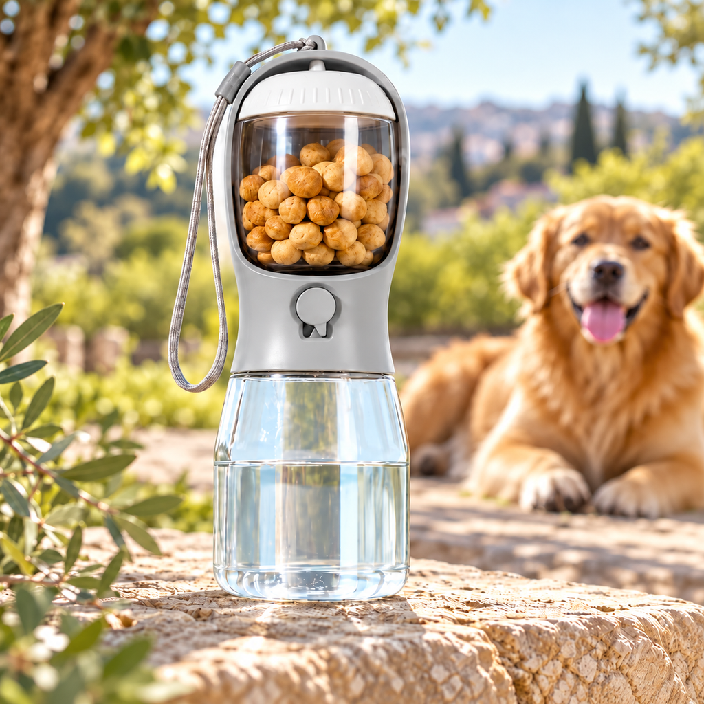 Botella 3 en 1 para perros, con comida seca en el compartimento superior y depósito de agua transparente sin marcas
