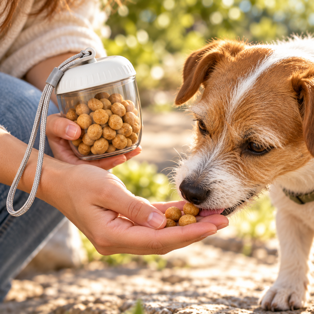 Compartimento de alimento extraído de la botella 3 en 1 mientras se ofrece comida a un perro.