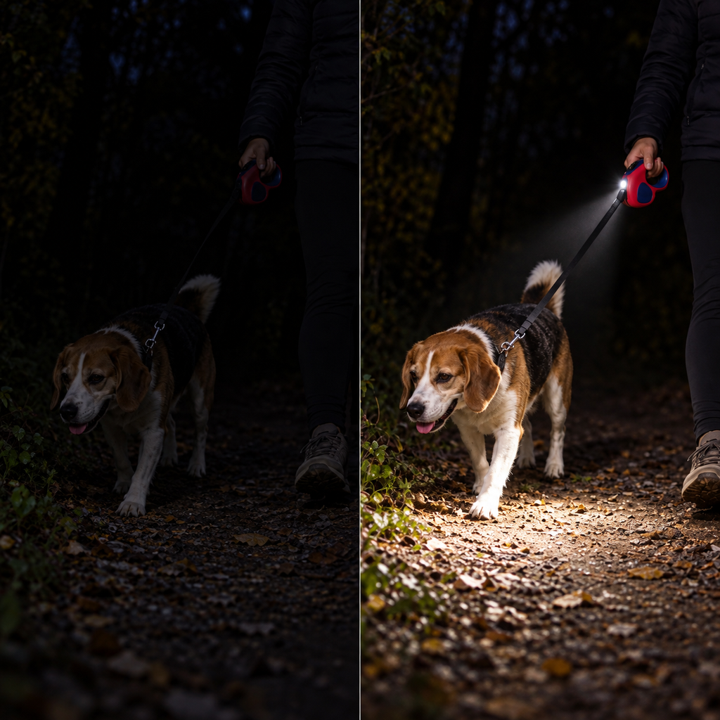 Comparativa de la correa LED: paseo oscuro y camino iluminado por el LED integrado de la correa