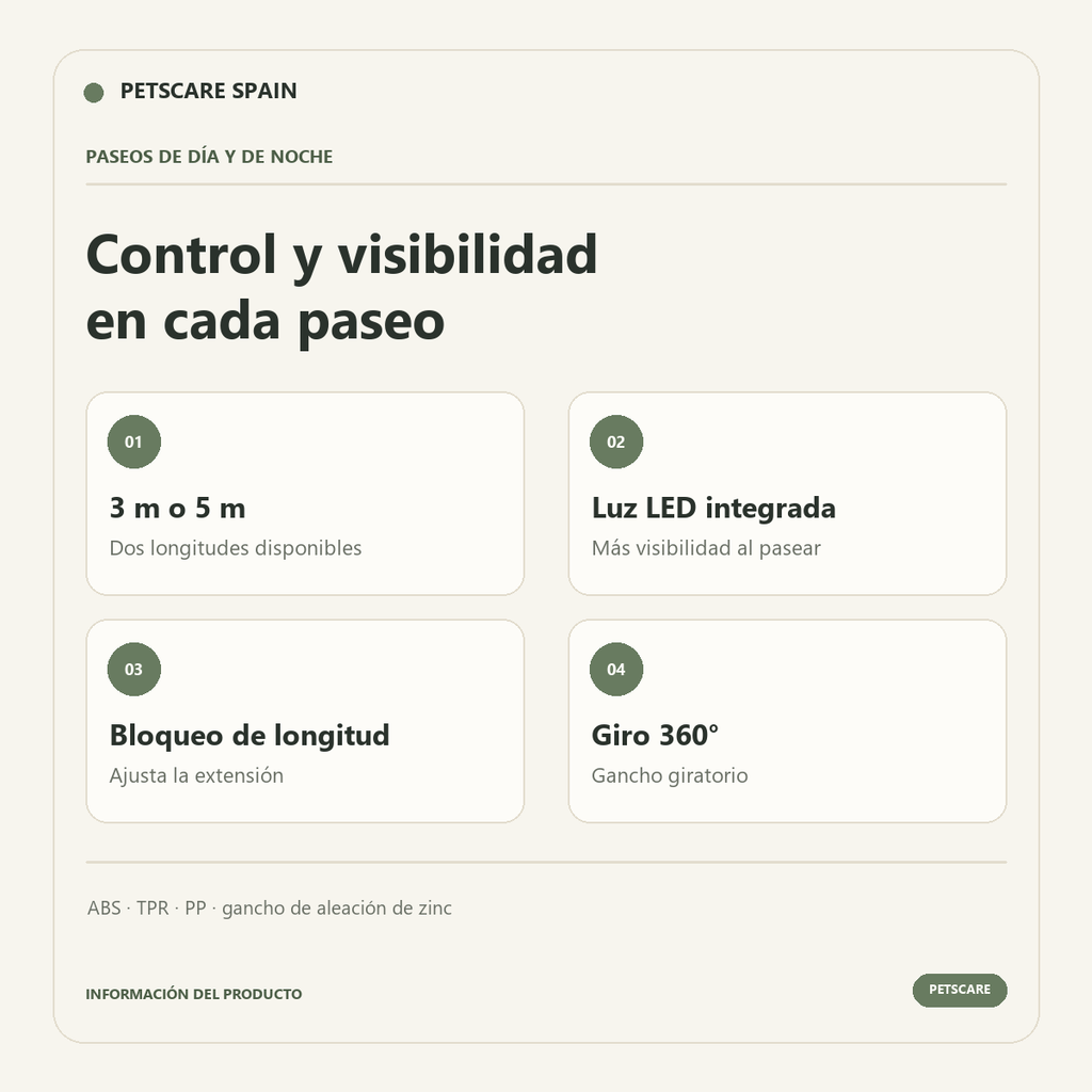 Longitudes 3 m y 5 m, luz LED, bloqueo de longitud, giro de 360 grados y materiales indicados