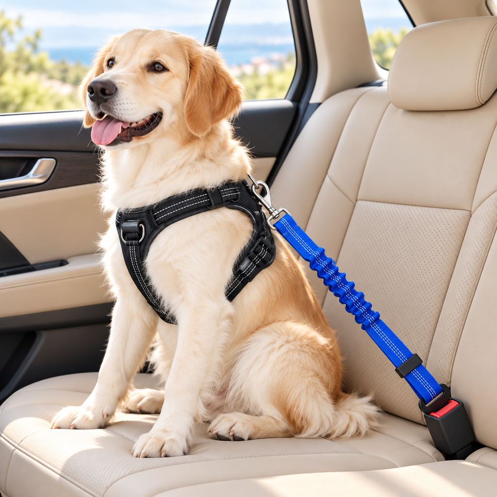 Arnés negro conectado al cinturón de seguridad azul PetsCareSpain en el coche