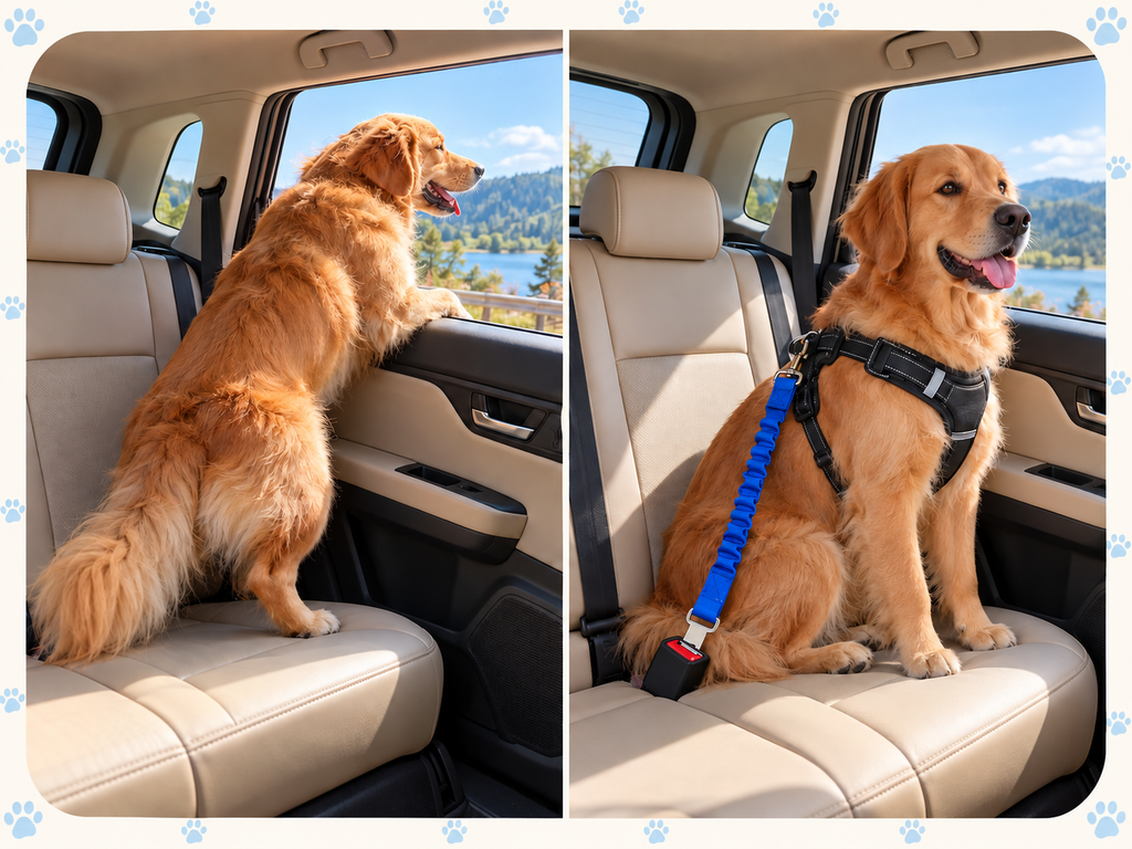 Perro sin sujeción intentando asomarse por la ventanilla abierta frente a un perro sujeto con arnés y cinturón azul PetsCareSpain