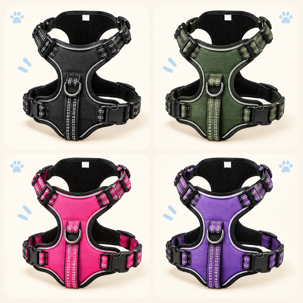 Arnés de perro en negro, verde militar, rosa y morado