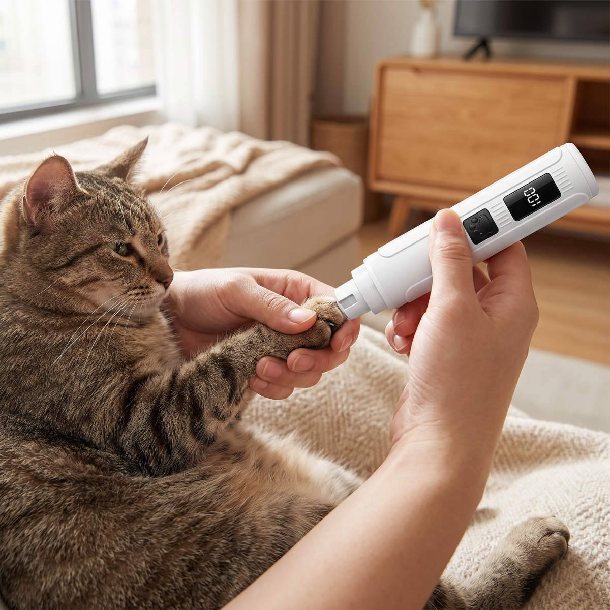 Gato tranquilo durante el cuidado de sus uñas con la lima eléctrica