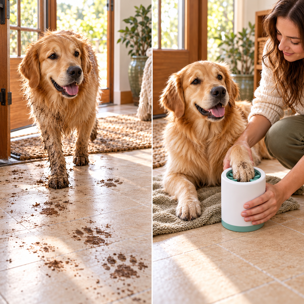 Comparativa del limpiador de patas: huellas de barro en el suelo y uso del vaso limpiador