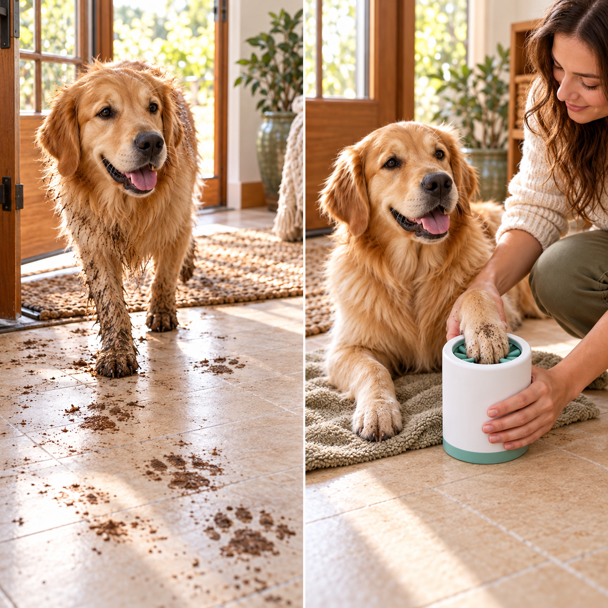 Comparativa del limpiador de patas: huellas de barro en el suelo y uso del vaso limpiador
