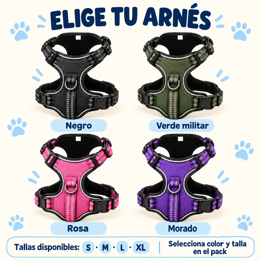 Opciones del arnés del pack: colores negro, verde militar, rosa y morado; tallas S, M, L y XL