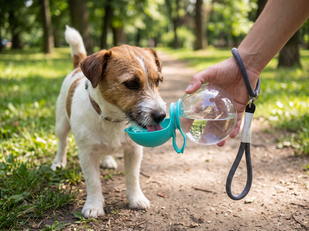 Perro bebiendo del bebedero portátil con depósito de plástico transparente y cuenco plegable turquesa en un parque