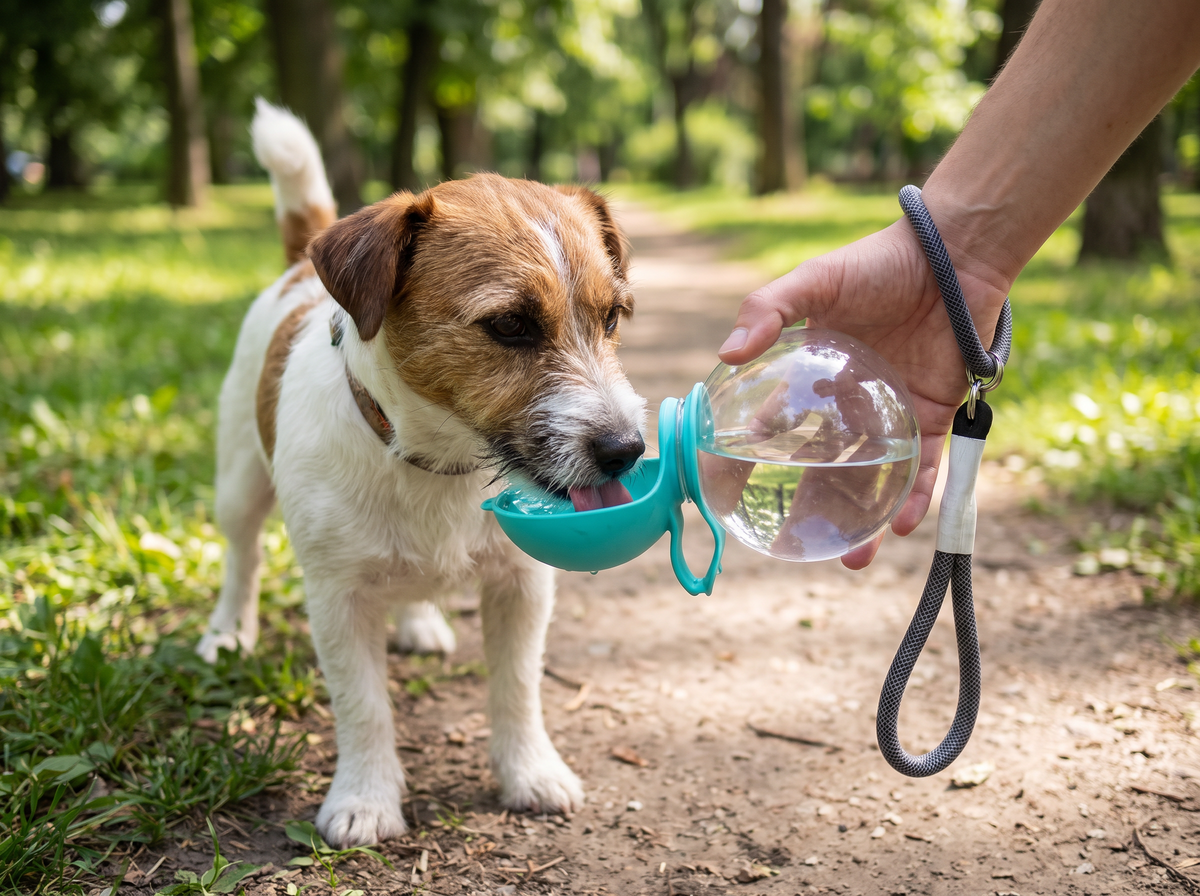 Perro bebiendo del bebedero portátil con depósito de plástico transparente y cuenco plegable turquesa en un parque