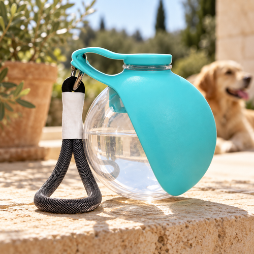 Bebedero portátil turquesa para perros fotografiado en una terraza