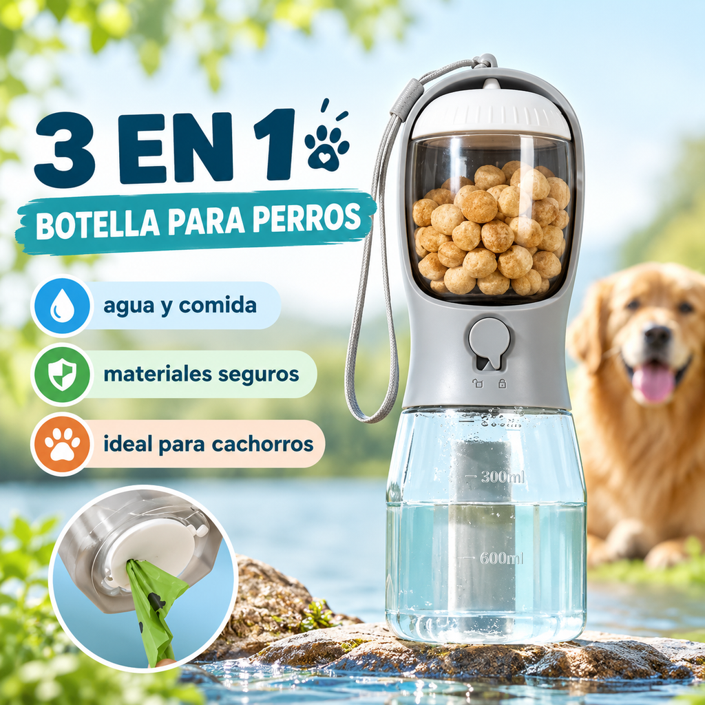 Botella 3 en 1 para perros: agua, comida y bolsas higiénicas