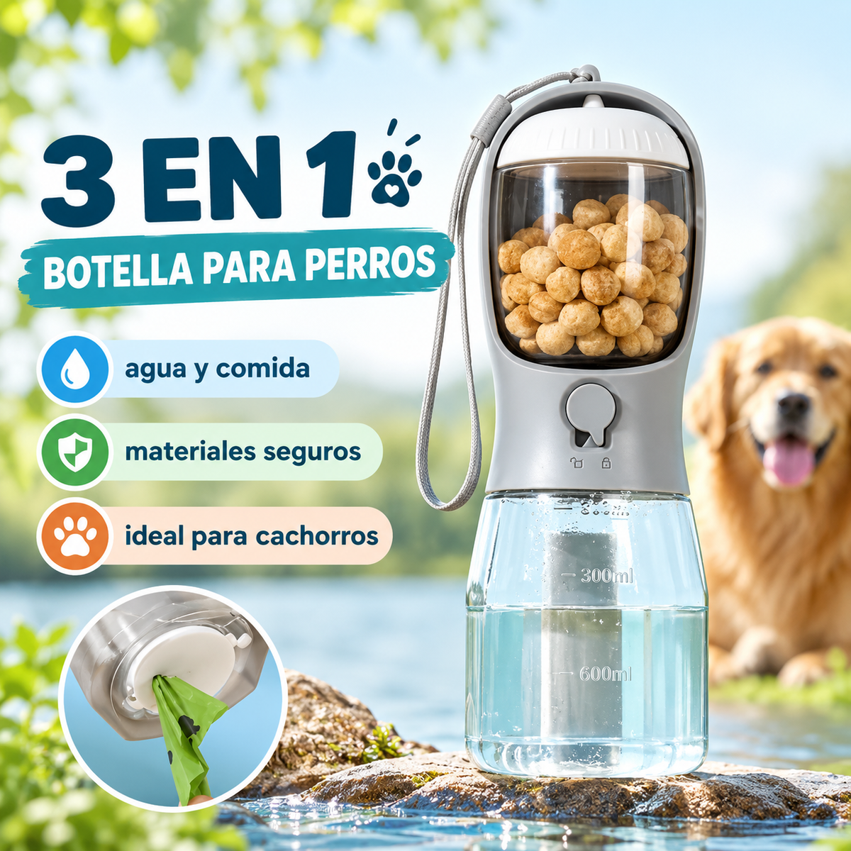Botella 3 en 1 para perros: agua, comida y bolsas higiénicas