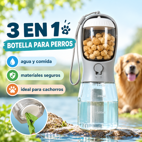Botella 3 en 1 para perros: agua, comida y bolsas higiénicas