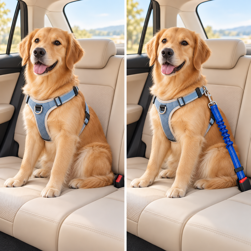 Comparativa visual del uso del cinturón para mascotas en el coche