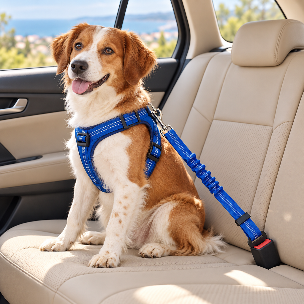 Perro sujeto por el arnés al cinturón elástico del coche
