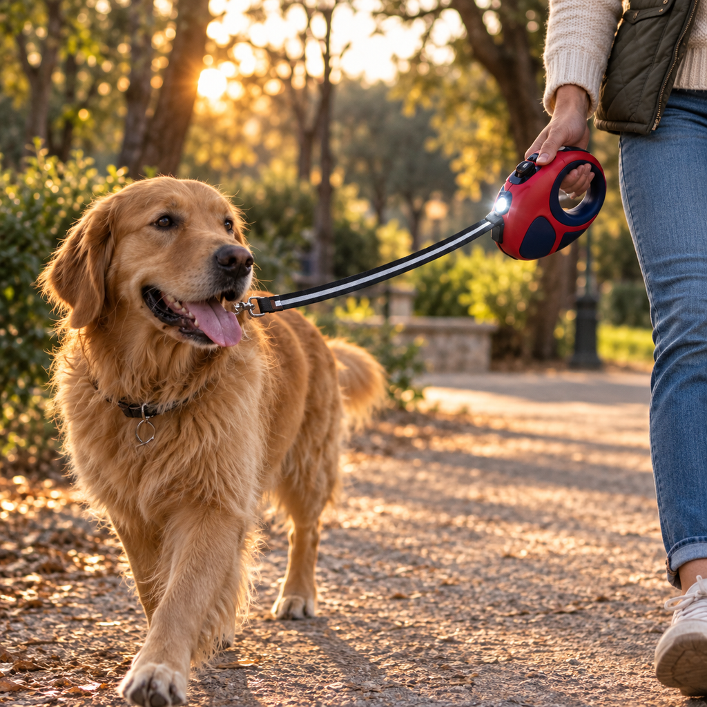 Correa retráctil LED para perros durante un paseo