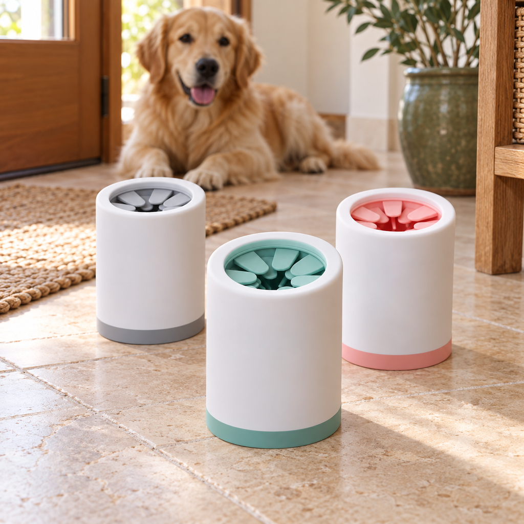 Limpiador de patas para mascotas en verde, gris y rosa