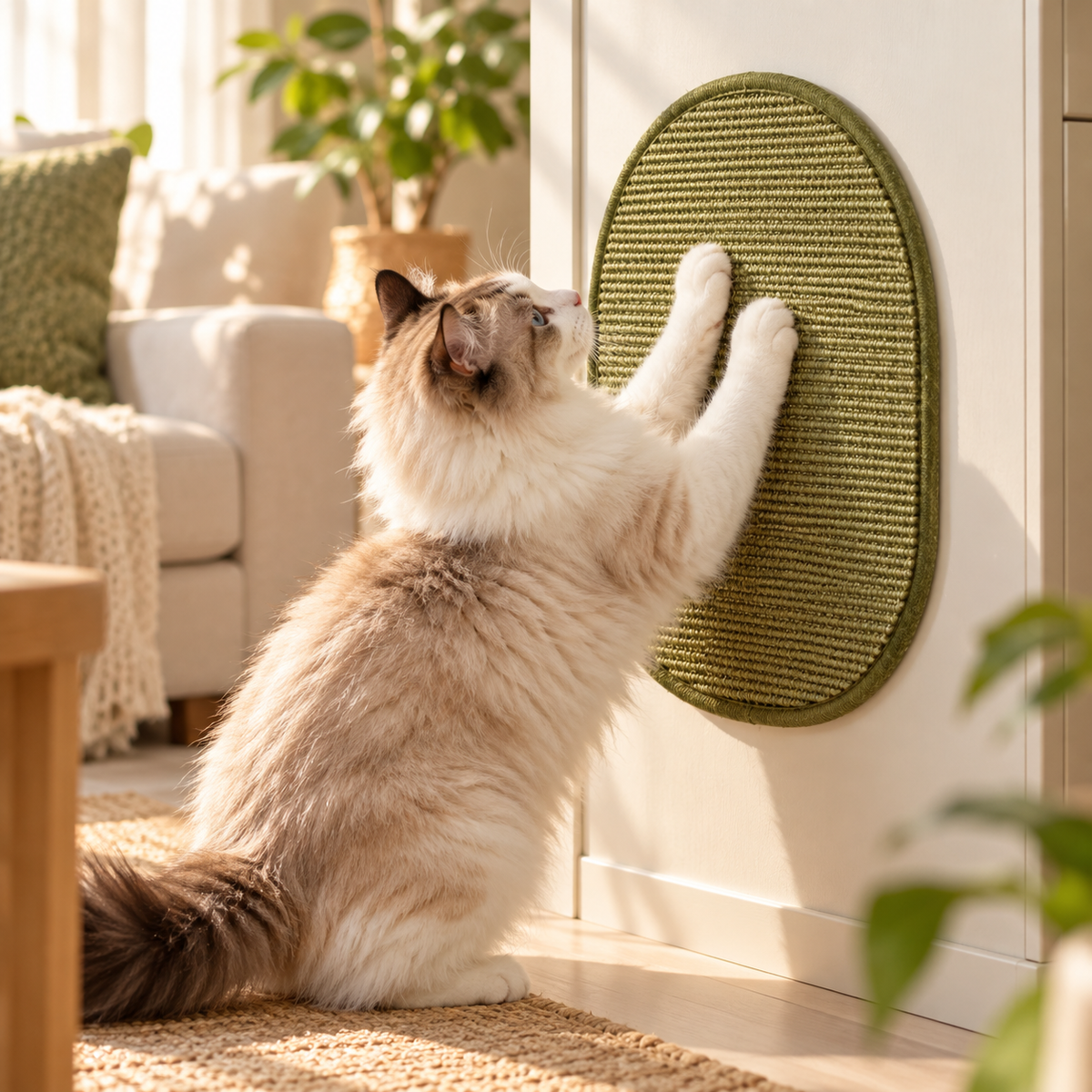 Gato usando el rascador adhesivo de sisal verde oliva