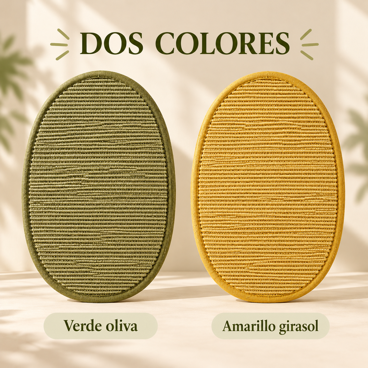 Rascador ovalado disponible en verde oliva y amarillo girasol