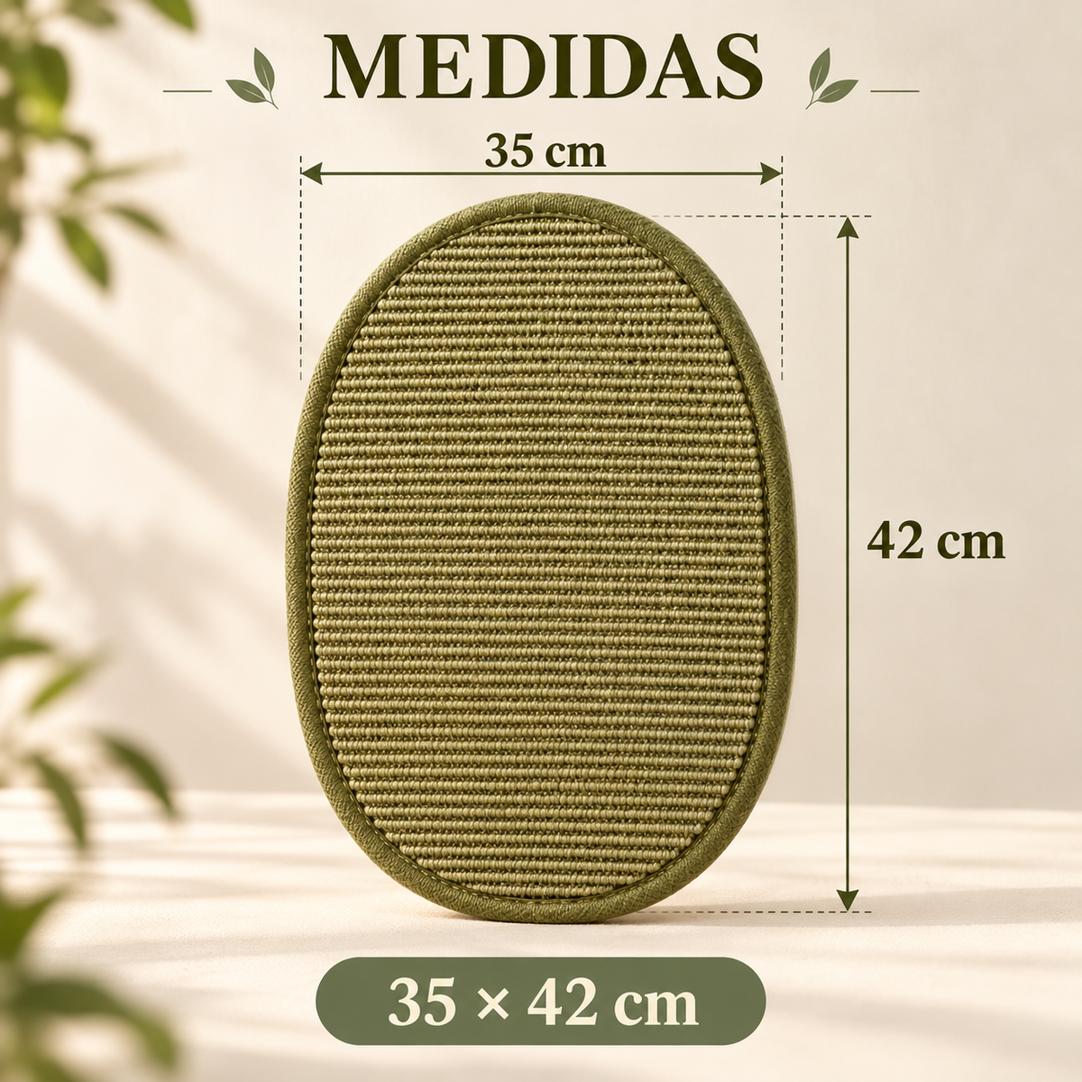Medidas del rascador ovalado de sisal: 35 cm de ancho por 42 cm de alto