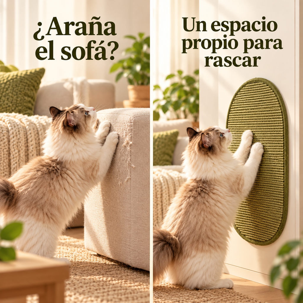 Gato que araña el sofá y alternativa de rascador ovalado de sisal